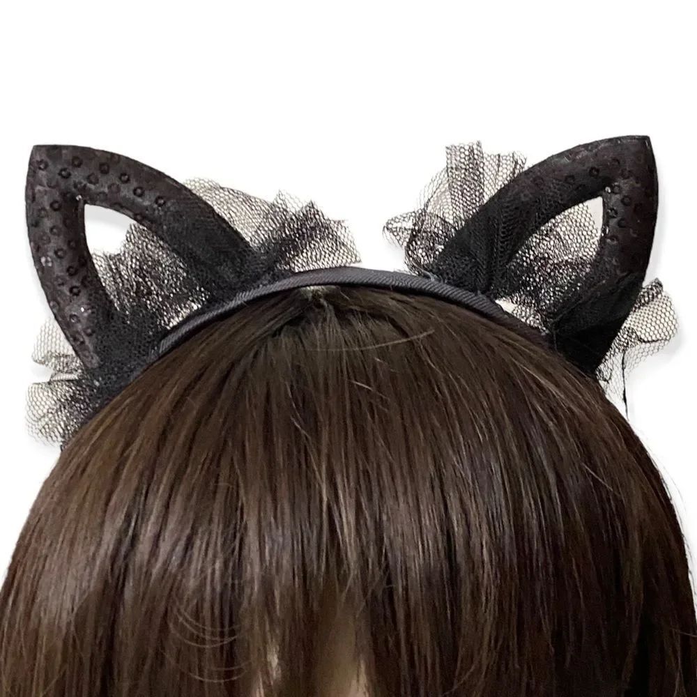 Black Lace Sequins Cat Ears Headband Cosplay Hair Accessory NEW